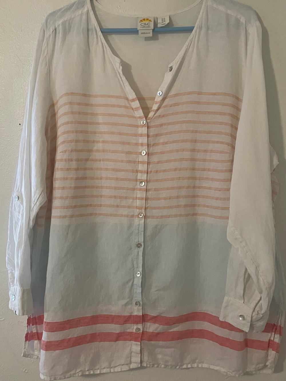 C&C California 100% Linen Button Up Tunic Shirt White Soft Color Stripes 1X